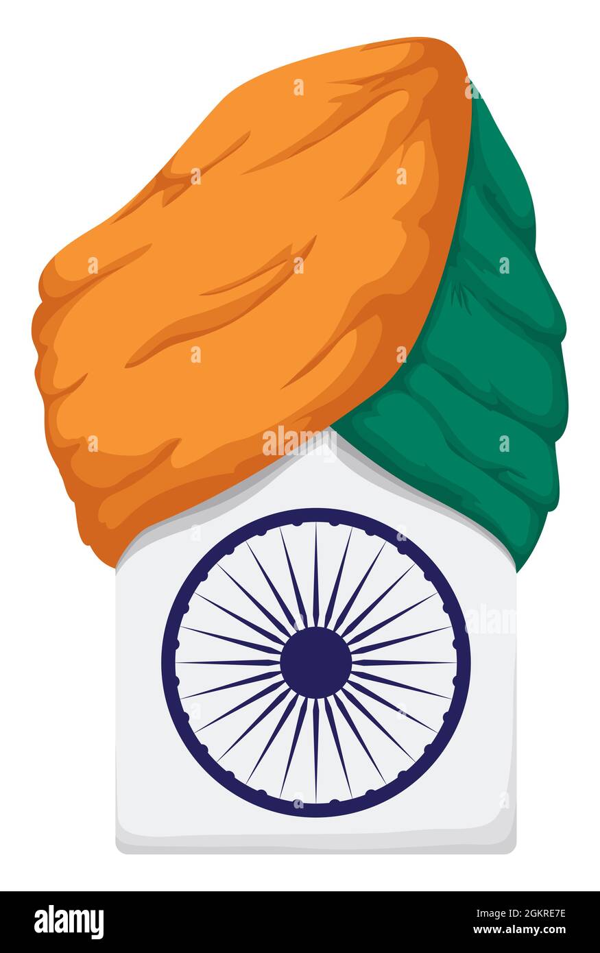 Traditioneller Turban mit Farben der indischen Flagge und weißem Schild mit blauem Ashoka Chakra-Rad. Stock Vektor
