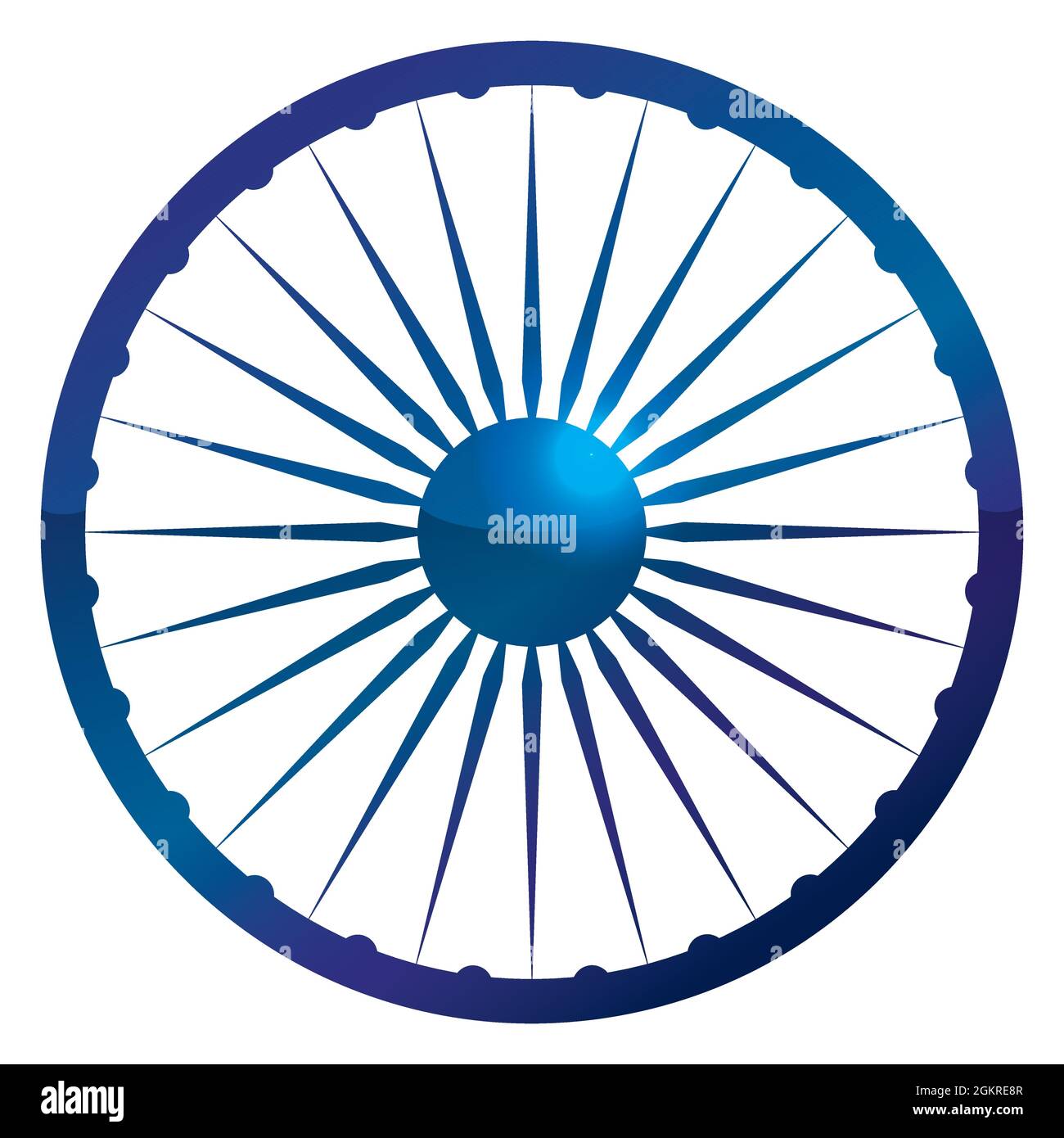 Blaues und glänzendes Ashoka Chakra-Radsymbol, isoliert auf weißem Hintergrund. Stock Vektor