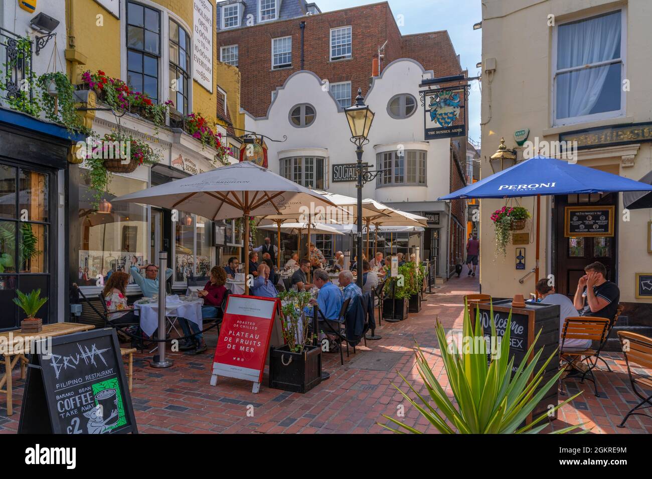 Blick auf Restaurants und Cafés in den Lanes, Brighton, Sussex, England, Vereinigtes Königreich, Europa Stockfoto