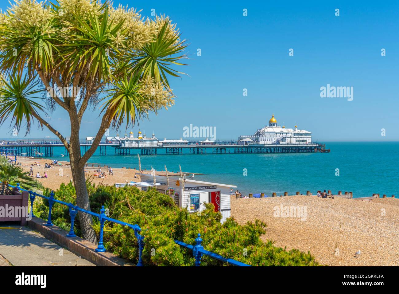 Blick auf die Strandpromenade, den Pier und den Strand im Sommer, Eastbourne, East Sussex, England, Vereinigtes Königreich, Europa Stockfoto