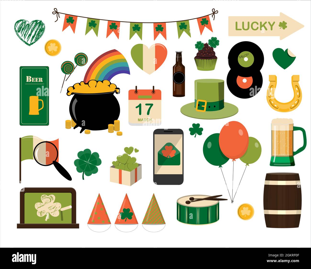 Ein großer Satz flacher Symbole für den St. Patrick s Day Ein Satz von Illustrationen für eine Party, Einladung, Postkarte oder Banner. Vektorclipart mit Bildern von Stock Vektor