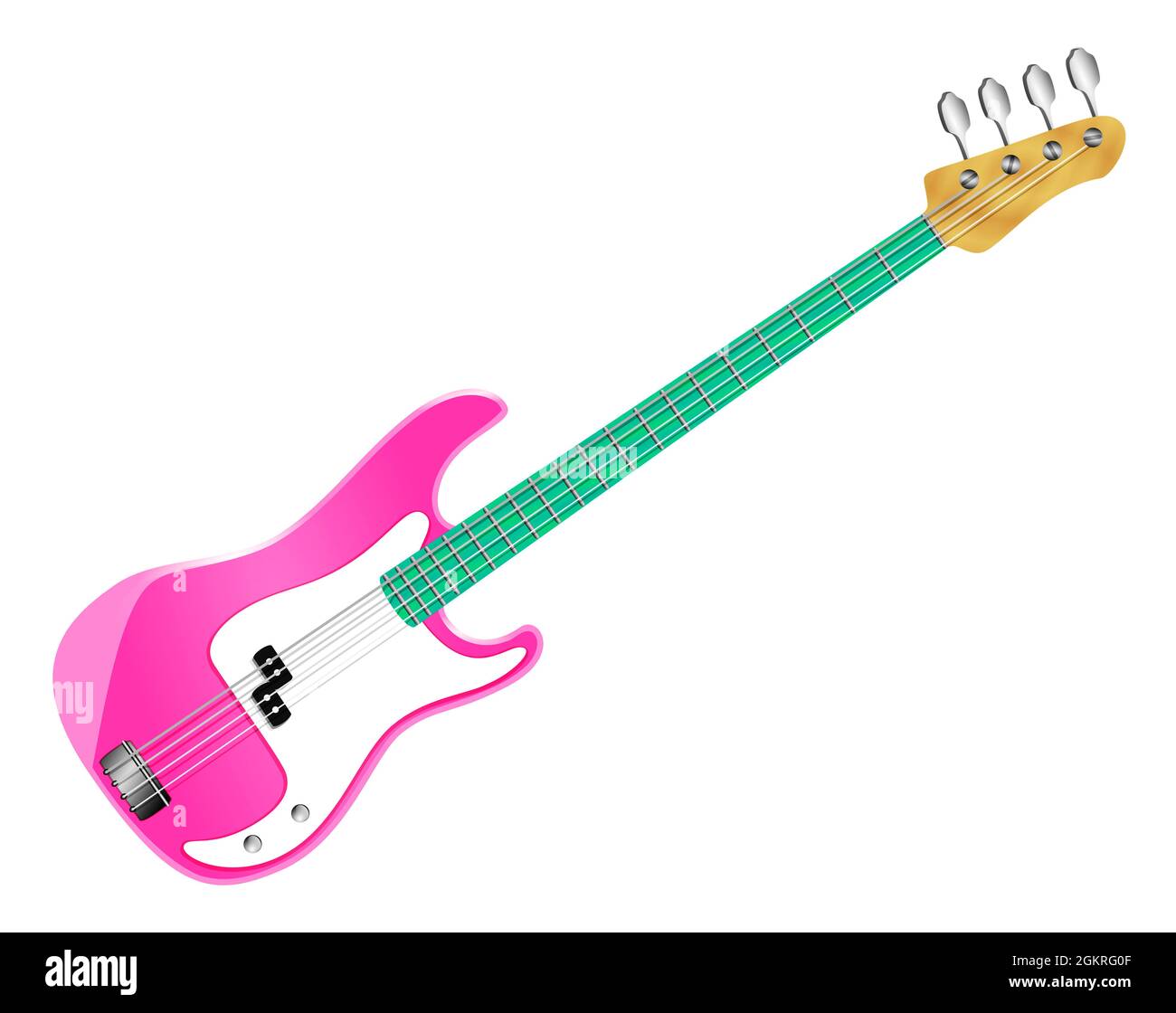 Illustration einer pinken E-Bass-Gitarre mit grünem Griffbrett, isoliert auf weißem Hintergrund, mit Beschneidungspfad Stockfoto