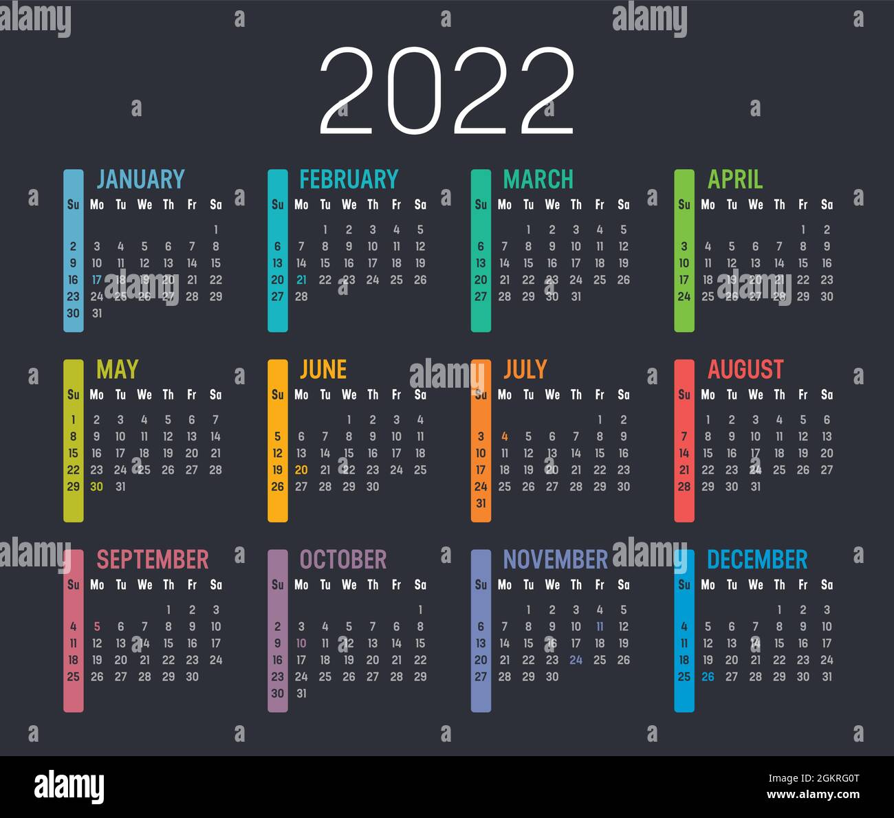 Farbenfroher Jahreskalender 2022, isoliert auf dunklem Hintergrund. Vektorvorlage. Stock Vektor