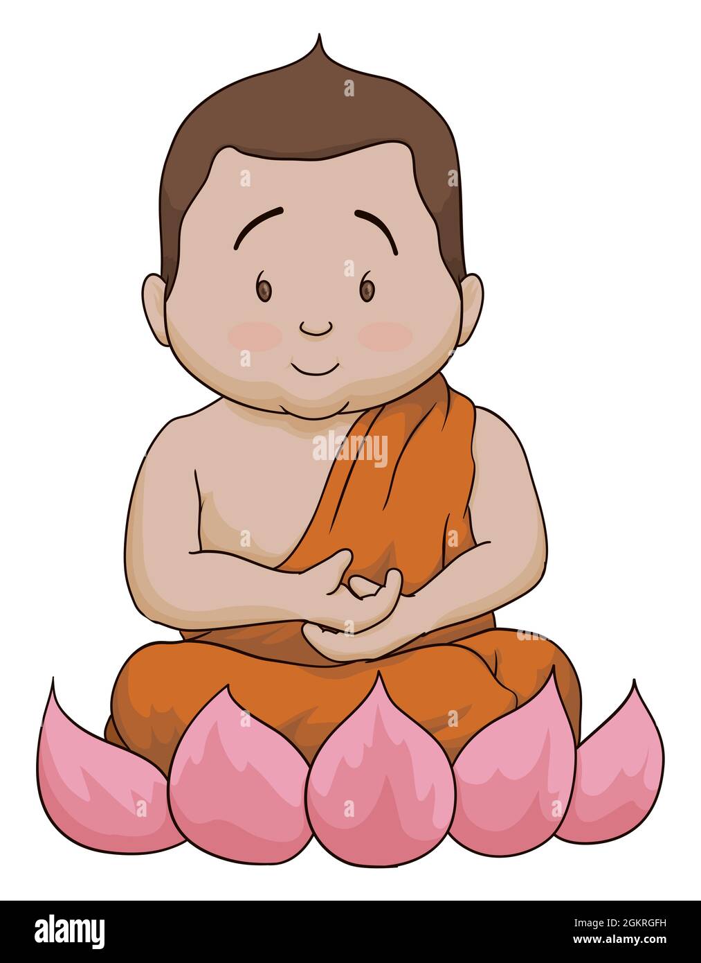 Kind Buddha in Meditationshaltung, ruht auf Lotusblume im Cartoon-Stil. Stock Vektor