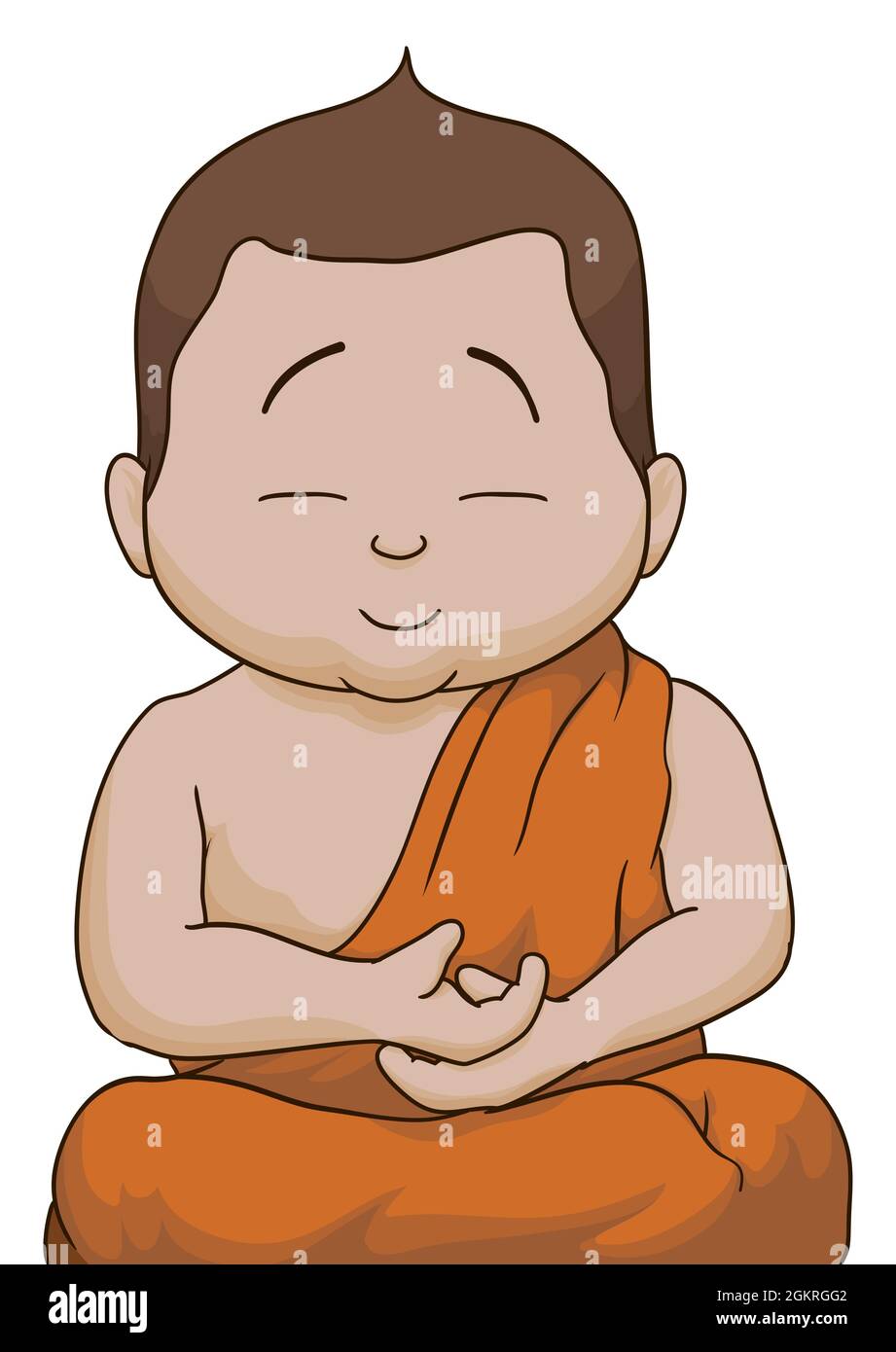 Porträt des Kindes Buddha, der mit geschlossenen Augen sitzt und meditiert und eine orangefarbene Kasaya trägt, auf weißem Hintergrund. Stock Vektor