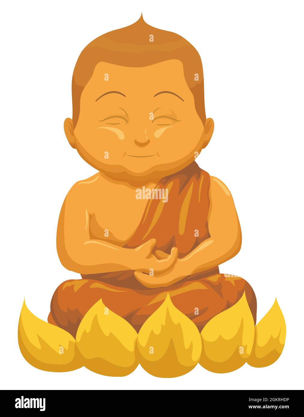 Goldene Statue von Buddha in sitzender und meditierender Haltung über Lotusblume, im Cartoon-Stil. Stock Vektor