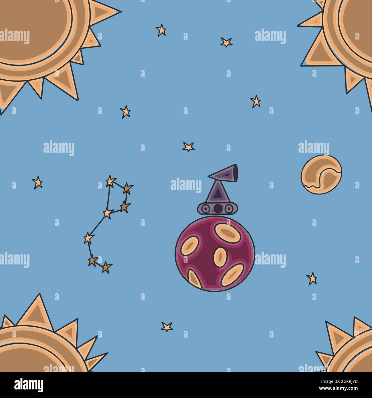 Space Nahtloses Muster. Hand zeichnen Raum Illustration mit einer Rakete, Astronaut, Planeten und Aliens. Niedliche, Kinder s Vektor Zeichnung über Raumschiffe Stock Vektor