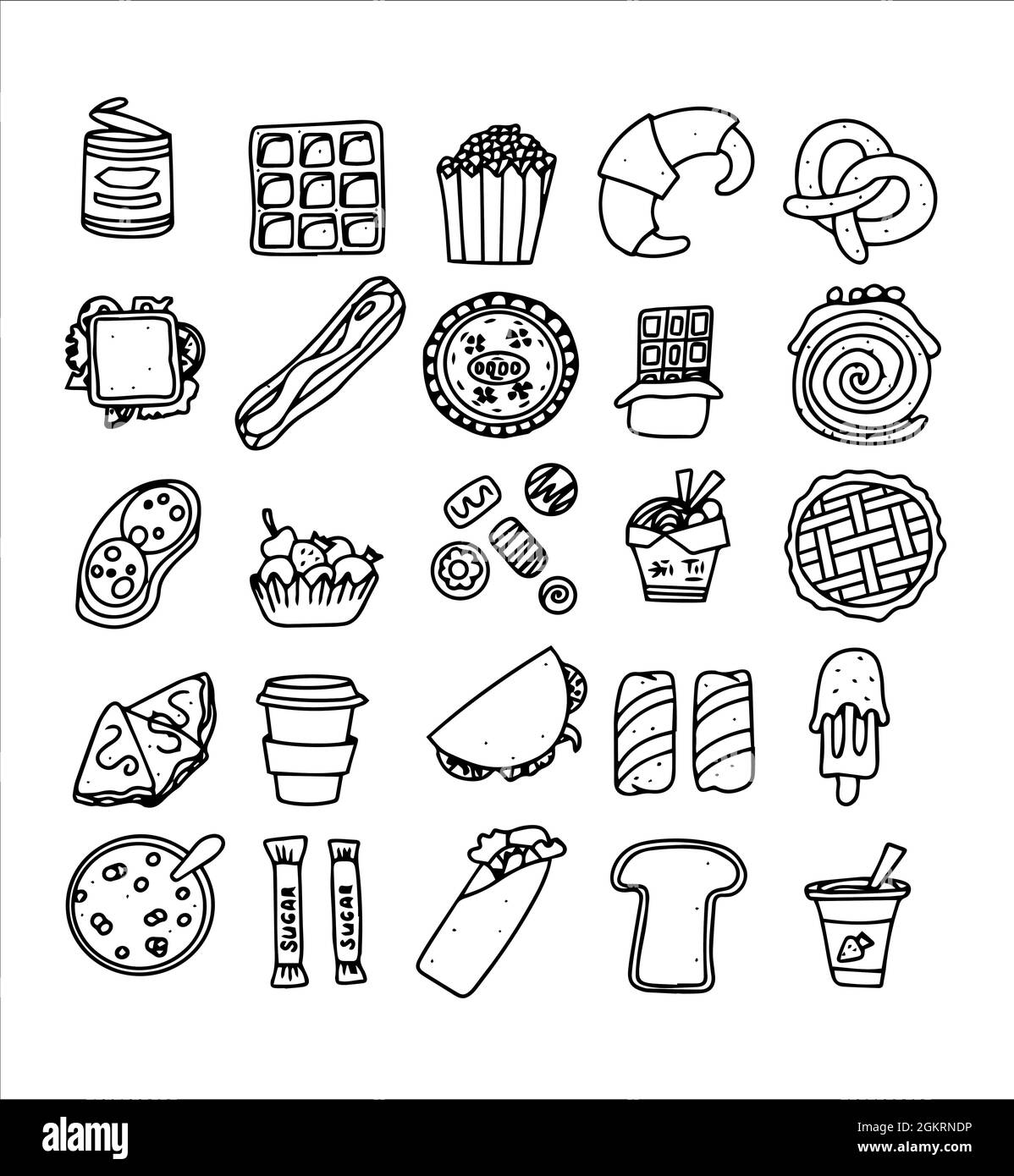 Doodle Food Set von Fast-Food-Produkten. Handgezeichnete Süßigkeiten, Desserts, Snacks, Popcorn, amerikanische Speisen und englisches Frühstück. Ein großer Satz von Cartoon-Essen Stock Vektor