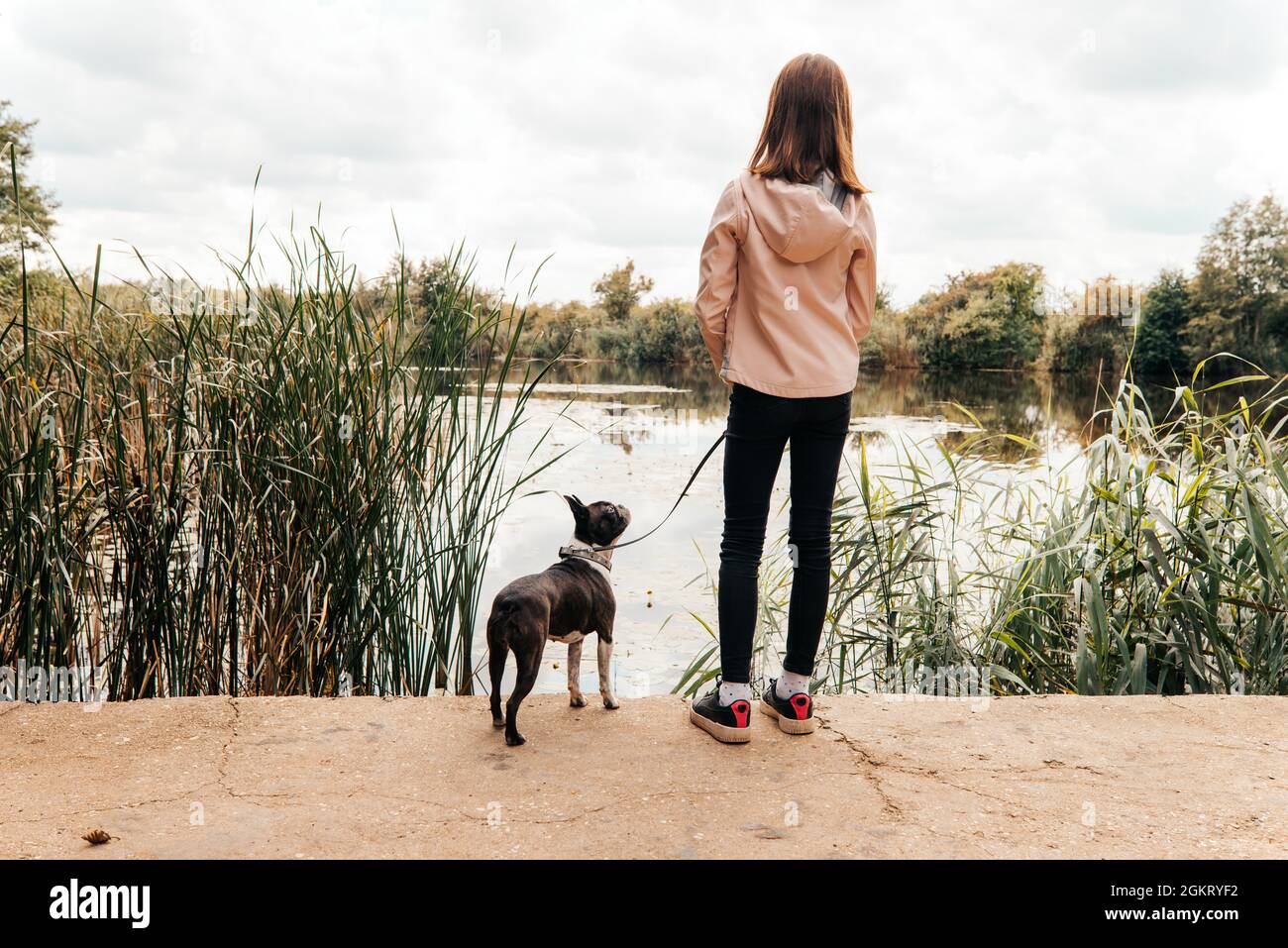 Kleines Mädchen, das mit einem Boston Terrier Hund am Seeufer läuft - mit dem Rücken, ihrem Hund, der sie anstarrt - Herbstlandschaft Stockfoto