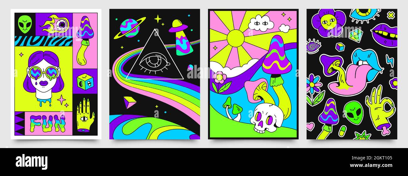 Psychedelische Hippie-Poster im Retro-Stil mit Weltraum, Pilzen und Regenbögen. 70er Jahre abstrakte Cover mit Totenkopf, schwebenden Augen, verrückten Lippen Vektor-Set Stock Vektor
