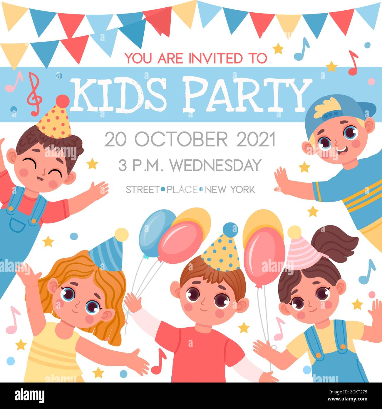 Einladungsposter für Geburtstag oder Kinderparty mit Comic-Figuren. Schule oder Kindergarten Veranstaltung mit glücklichen Jungen und Mädchen Vektor-Vorlage Stock Vektor