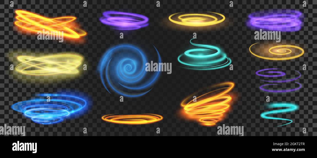 Glühendes Licht, Spiralen, Kreise, Wirbel und Geschwindigkeitsbewegungseffekt. Realistische, glänzende Neon-Trailkurven. Magische Energie Ringe und Wellen Vektor gesetzt Stock Vektor