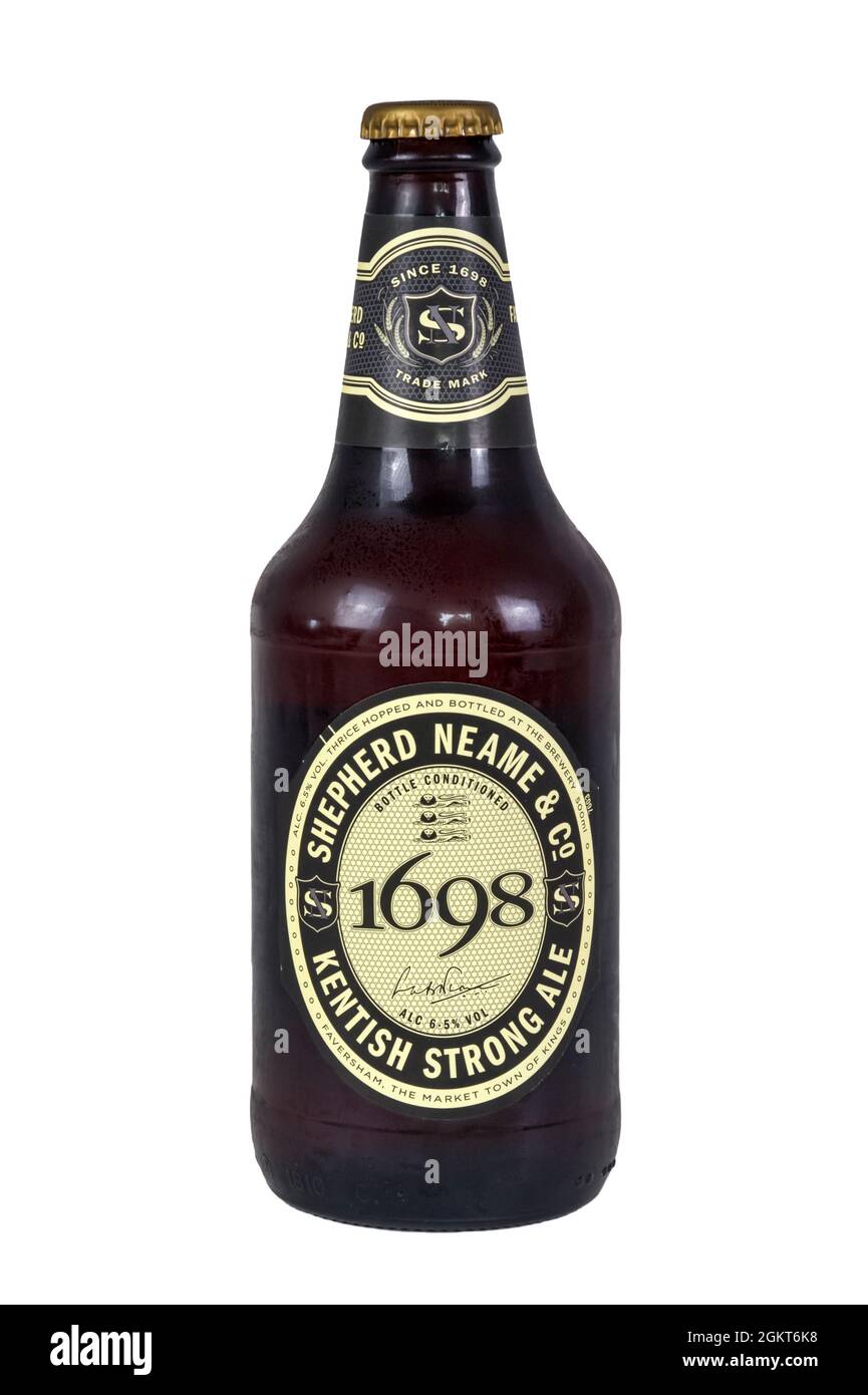 Eine Flasche Shepherd Neame 1698 Kentish Strong Ale. Es hat eine Stärke von 6.5 % ABV. Stockfoto