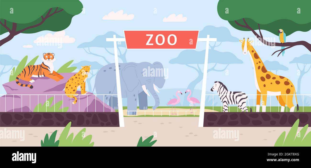 Cartoon Zoo Park Eingangstor mit Savanne und Dschungel Tiere. Flache Safari-Landschaft mit Zebra, afrikanischen Elefanten und Giraffen Vektorszene Stock Vektor