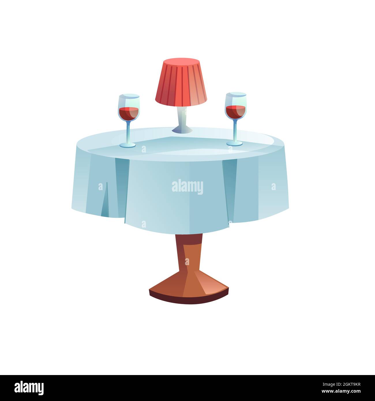 Flacher Cartoon-Tisch mit Tischdecke, Lampe und zwei Gläsern Wein, Café oder Restaurant Besuch, romantisches Abendessen Vektor Illustration Konzept Stock-Vektorgrafik