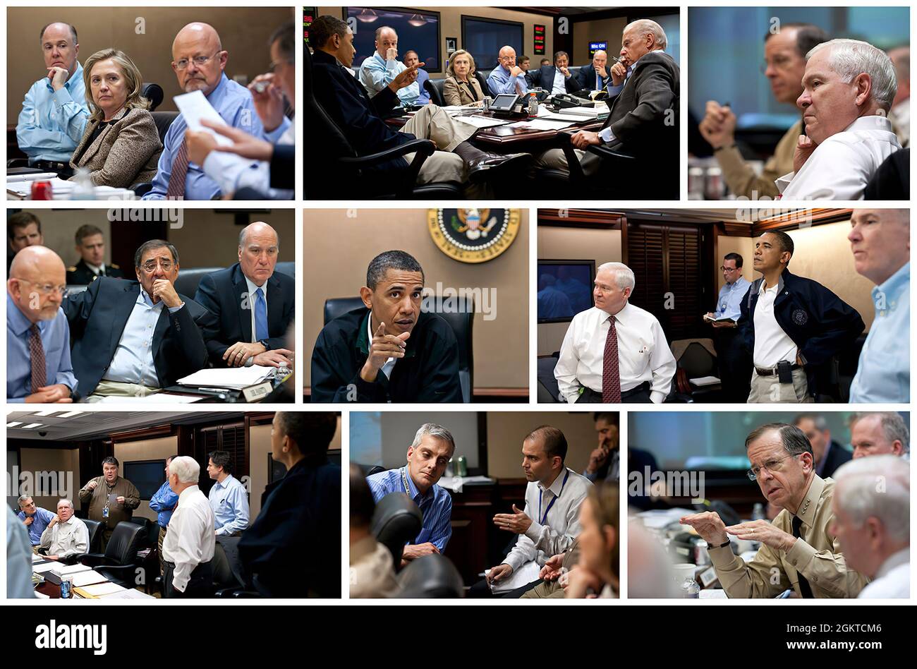 „Dies ist eine Zusammenstellung mehrerer Bilder des Präsidenten und seines nationalen Sicherheitsteams während einer Reihe von Treffen im Situationsraum des Weißen Hauses, die die Mission gegen Osama bin Laden am Sonntag, den 1. Mai, diskutierten. Wir haben das so zusammengestellt, dass die Menschen neben dem früheren, jetzt ikonischen Bild dieses Tages vielleicht ein besseres Gefühl dafür haben könnten, wie es in Präsidententreffen von historischer Bedeutung ist.“ (Offizielles Foto des Weißen Hauses von Pete Souza) Dieses offizielle Foto des Weißen Hauses wird nur zur Veröffentlichung durch Nachrichtenorganisationen und/oder zum persönlichen Druck durch das subjec zur Verfügung gestellt Stockfoto