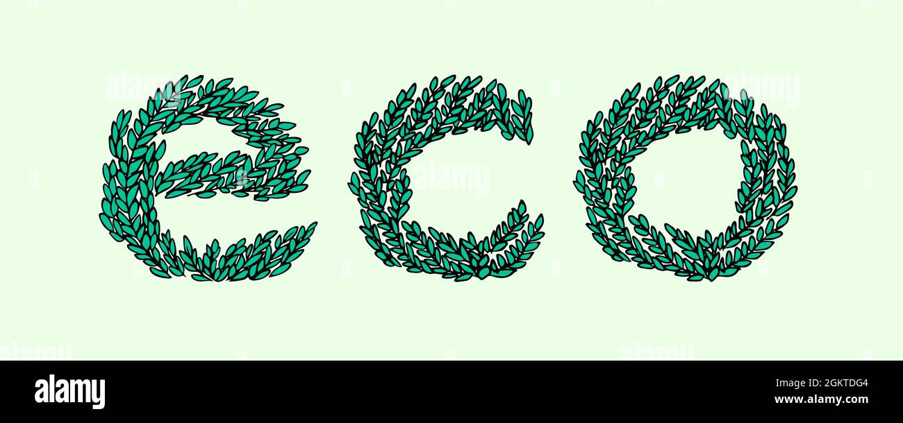 Handgezeichnete Öko-Buchstaben mit Laub. Vektordarstellung im Doodle-Stil. Stock Vektor