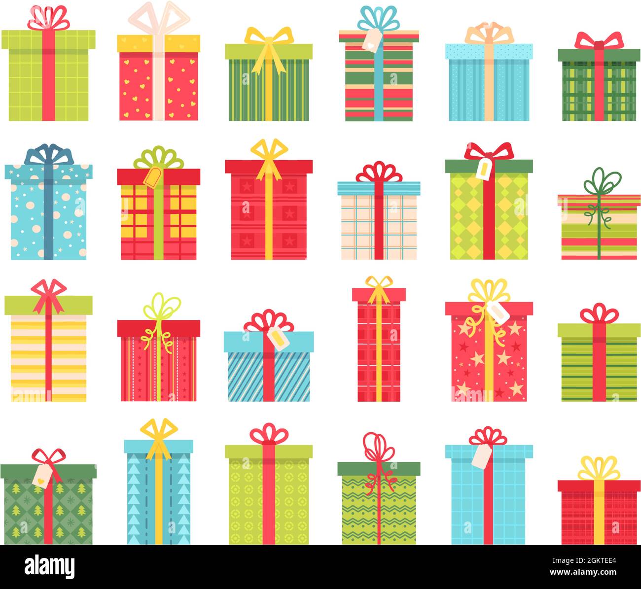 Flache Geschenkboxen mit Schleifchen, Geschenke zum Geburtstag oder zu weihnachten. Cartoon-Verpackung Verpackung Designs. Winter Urlaub Dekoration Vektor-Set Stock Vektor