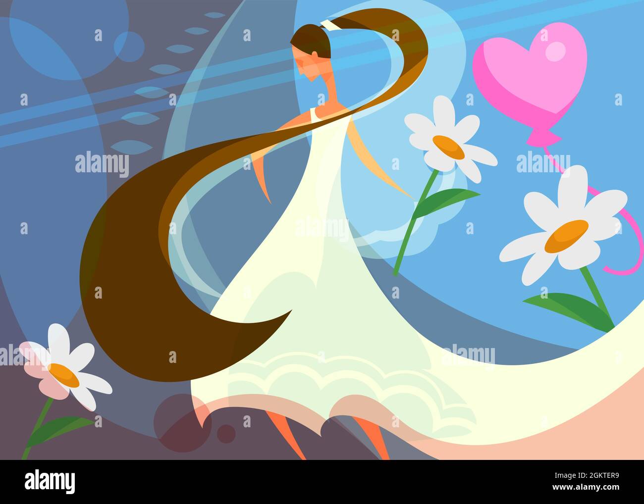 Hochzeitsbanner mit Braut, die Blume hält. Postkartenmotiv im Cartoon-Stil. Stock Vektor