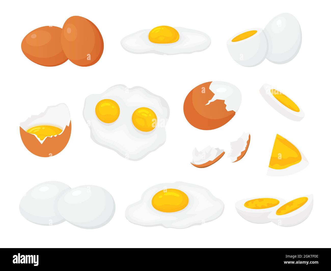 Cartoon rohe, gebrochene gekochte und gebratene Hühnereier mit Eigelb. Frisches Ei in Scheiben, gesprungene Eierschale. Gekochte Eier für Frühstück Vektor-Set Stock Vektor