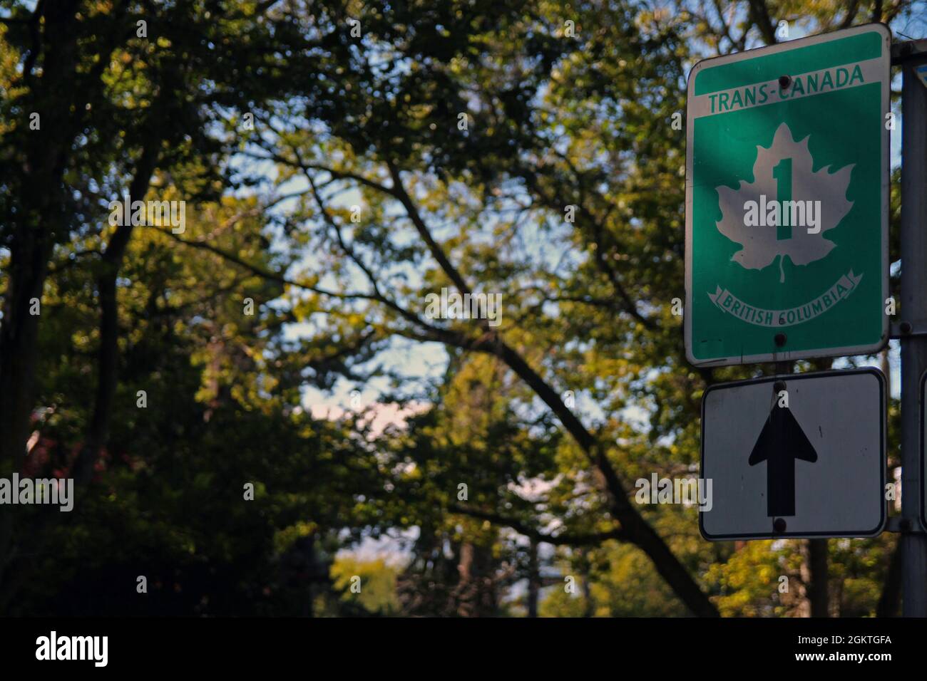 Trans Canada 1 Autobahnschild in British Columbia in Kanada Stockfoto