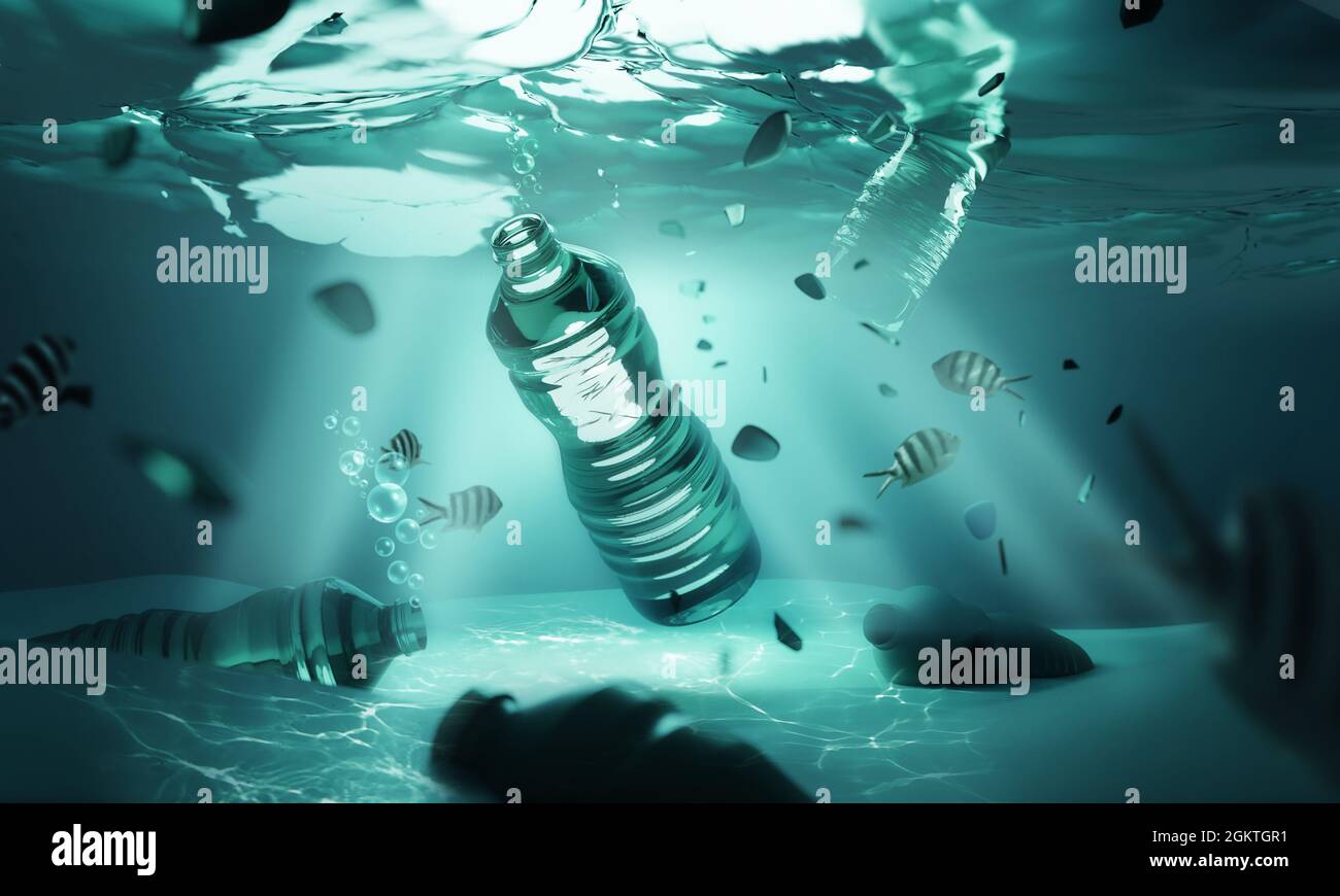 Plastikmüll schwimmt im offenen Ozean unter Wasser. Klima- und Umweltverschmutzung. 3D-Illustration. Stockfoto