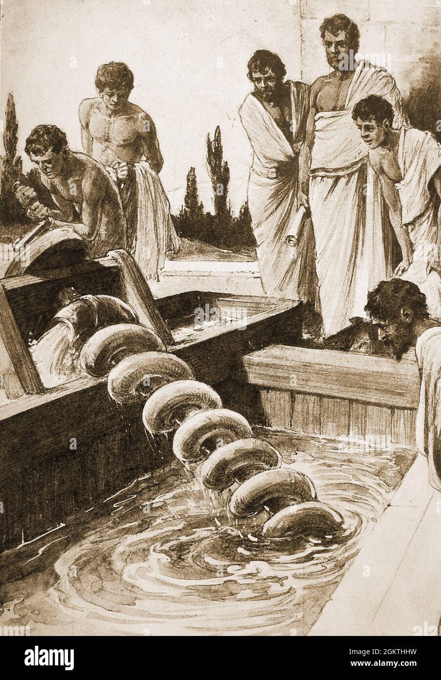 Eine Illustration aus den 1930er Jahren, die zeigt, dass eine Archimedes-Spiralschraube verwendet wird, um den Frachtraum eines Schiffes mit Wasser zu leeren. Archimedes aka Archimedes von Syrakus ( ca. 287-212 v. Chr.) war ein griechischer Mathematiker, Physiker, Ingenieur, Astronom und Erfinder, der für die Erfindung der Archimedes Schraubenpumpe und anderer innovativer technischer Objekte bekannt ist. Er studierte auch Wasserverdrängung, Hebel, Schwerkraft, Riemenscheiben und allgemeine Mechanik. Der Begriff Eureka (ich habe ihn entdeckt) wird Archimedes zugeschrieben Stockfoto