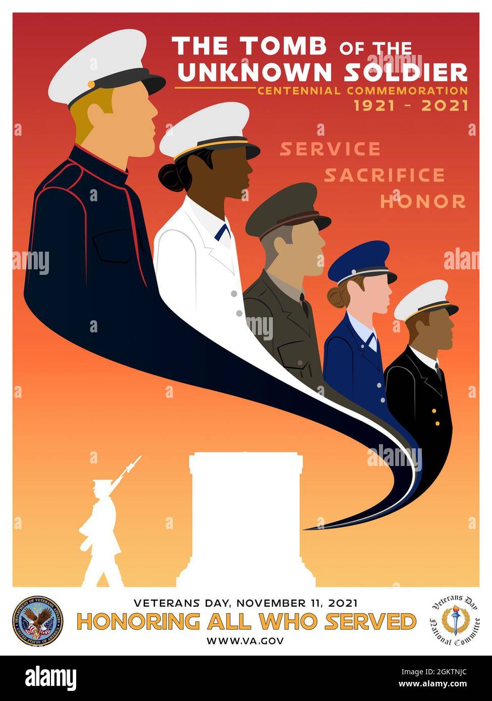 Dieses Plakat dient allen, die zum Veterans Day 2021 gedient haben. Das diesjährige Thema der Feierlichkeiten zum Tag der Veteranen des Nationalkomitees ist die hundertjährige Gedenkfeier des Grabes des unbekannten Soldaten, das am 11. November 1921 auf dem Nationalfriedhof von Arlington eingeweiht wurde. Stockfoto