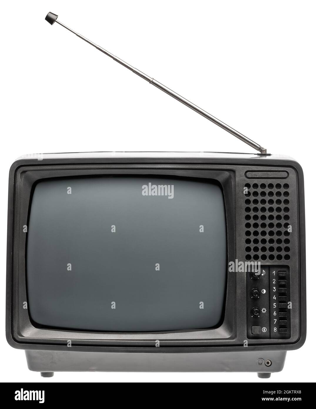 Tragbarer, schwarzer und weißer CRT-TV-Receiver im Vintage-Design, isoliert auf weißem Hintergrund. Retro-Technologie-Konzept Stockfoto