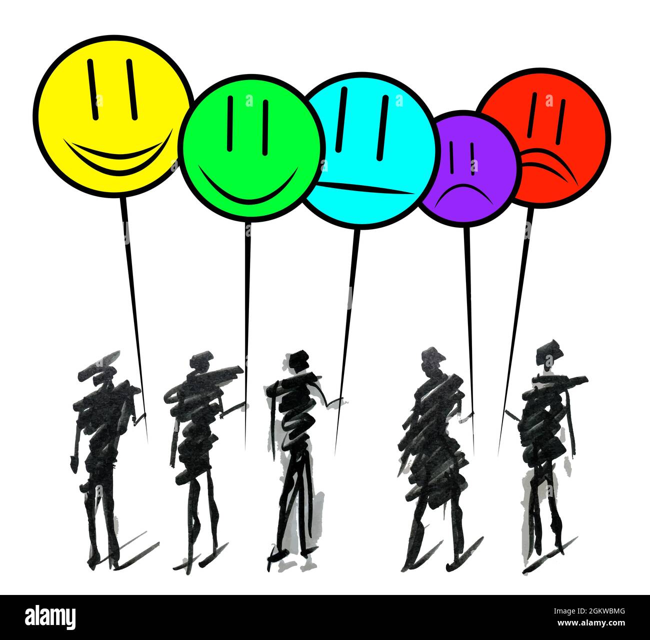Handgezeichnete Doodle Linie Kunst Cartoon Design Charakter Gruppe von Menschen mit Smilies emoji zu zeigen positive, negative und neutrale Zufriedenheit Bewertung. Stock Vektor