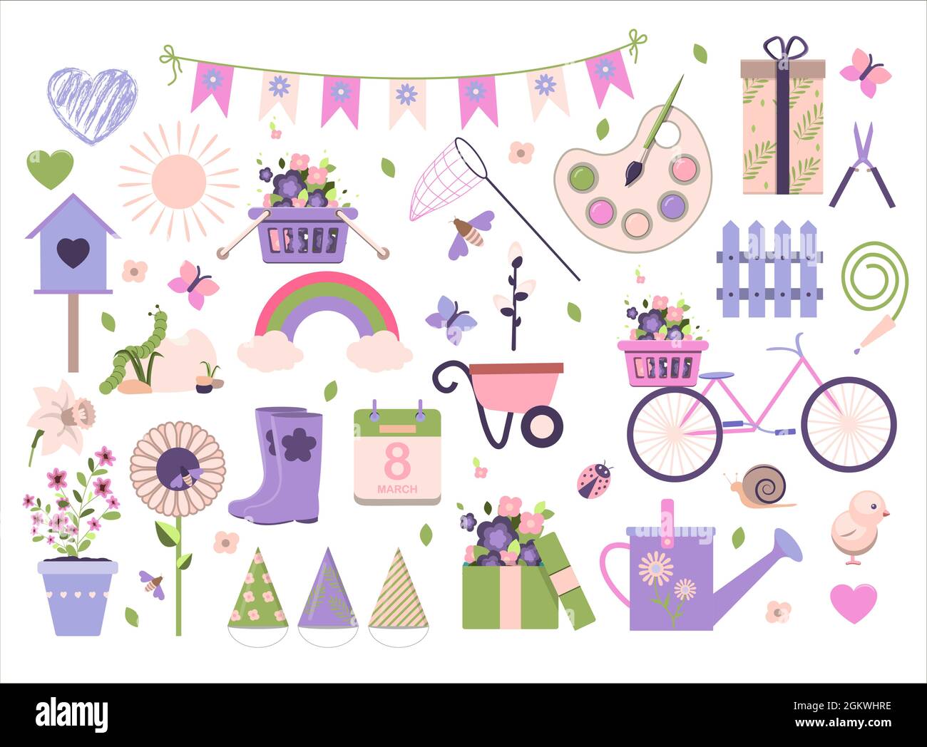 Großer Frühlingssatz. Vektor-Gartengeräte, Blumen. Flaches Design. Niedliche Symbole für eine Website, eine App oder eine Anzeige. Vögel, Pflanzen, Insekten und Osterartikel. Stock Vektor