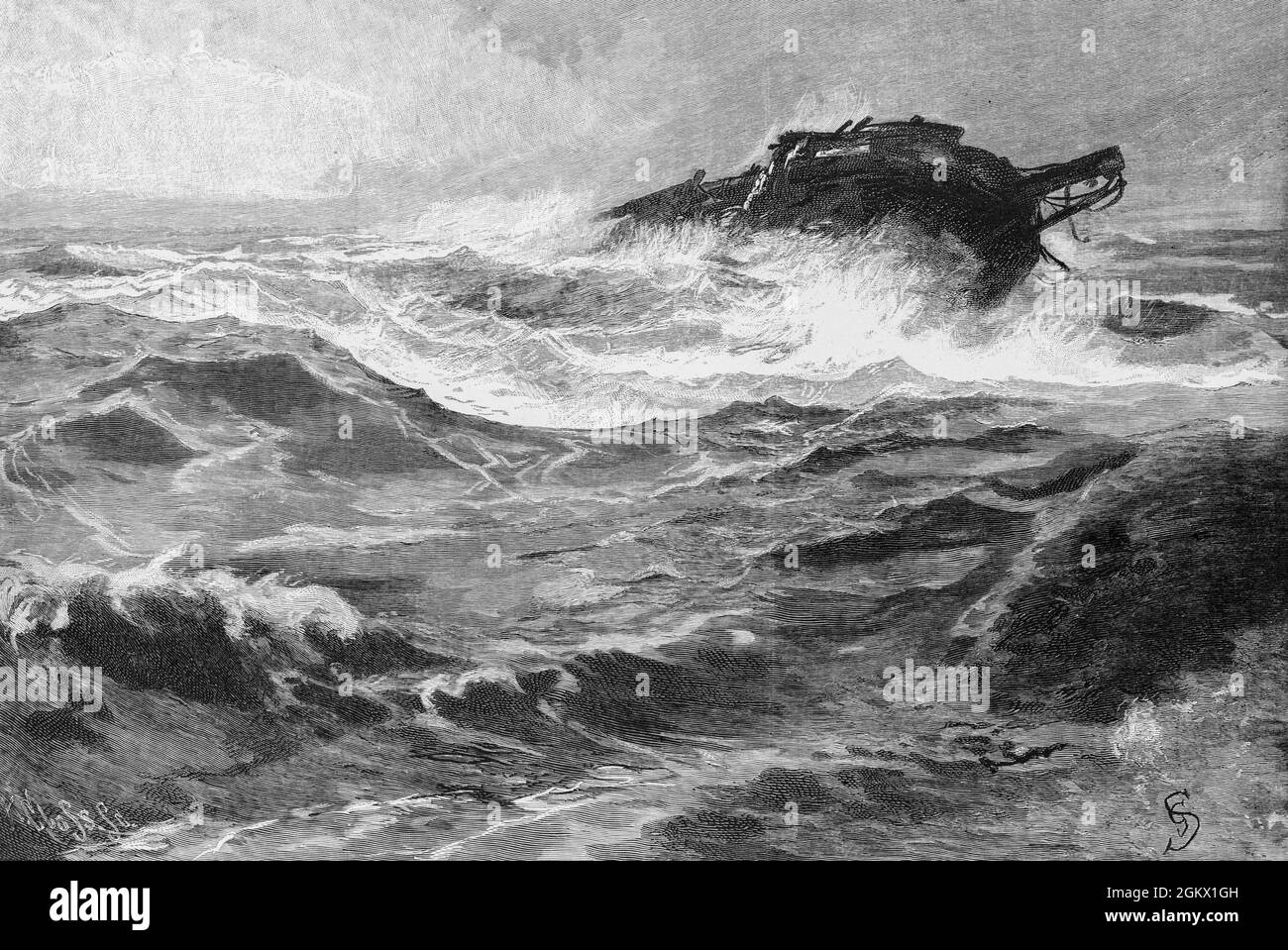 Nach dem Sturm, an der ostfriesischen Nordseeküste, Niedersachsen, Norddeutschland, an Land driftender Schiffbruch, historische Abbildung 1880, Stockfoto