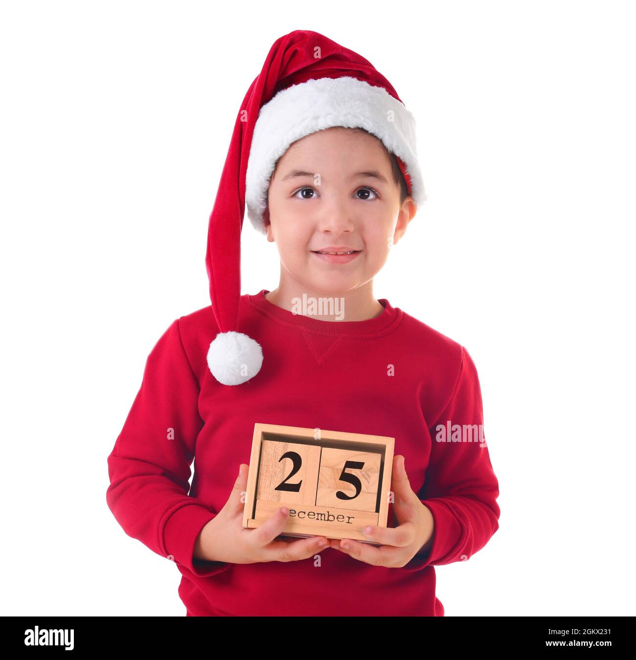 Süße Junge in Santa Hut mit Kalender auf weißem Hintergrund. Christmas countdown Konzept Stockfoto