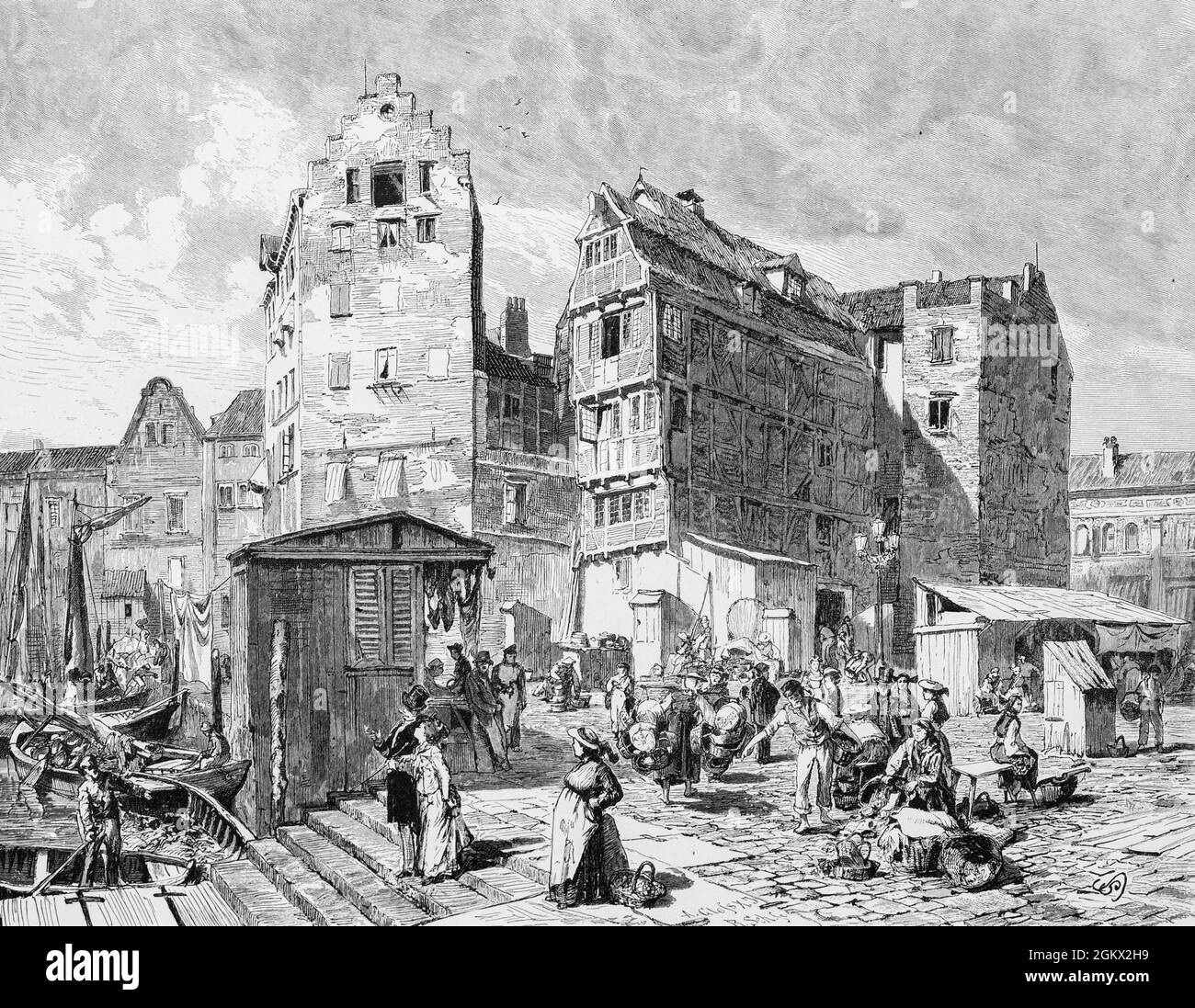 Markttag in Altona an der Elbe, damals ein Vorort von Hamburg, heute Stadtteil von Hamburg, historische Illustration 1880, Stockfoto