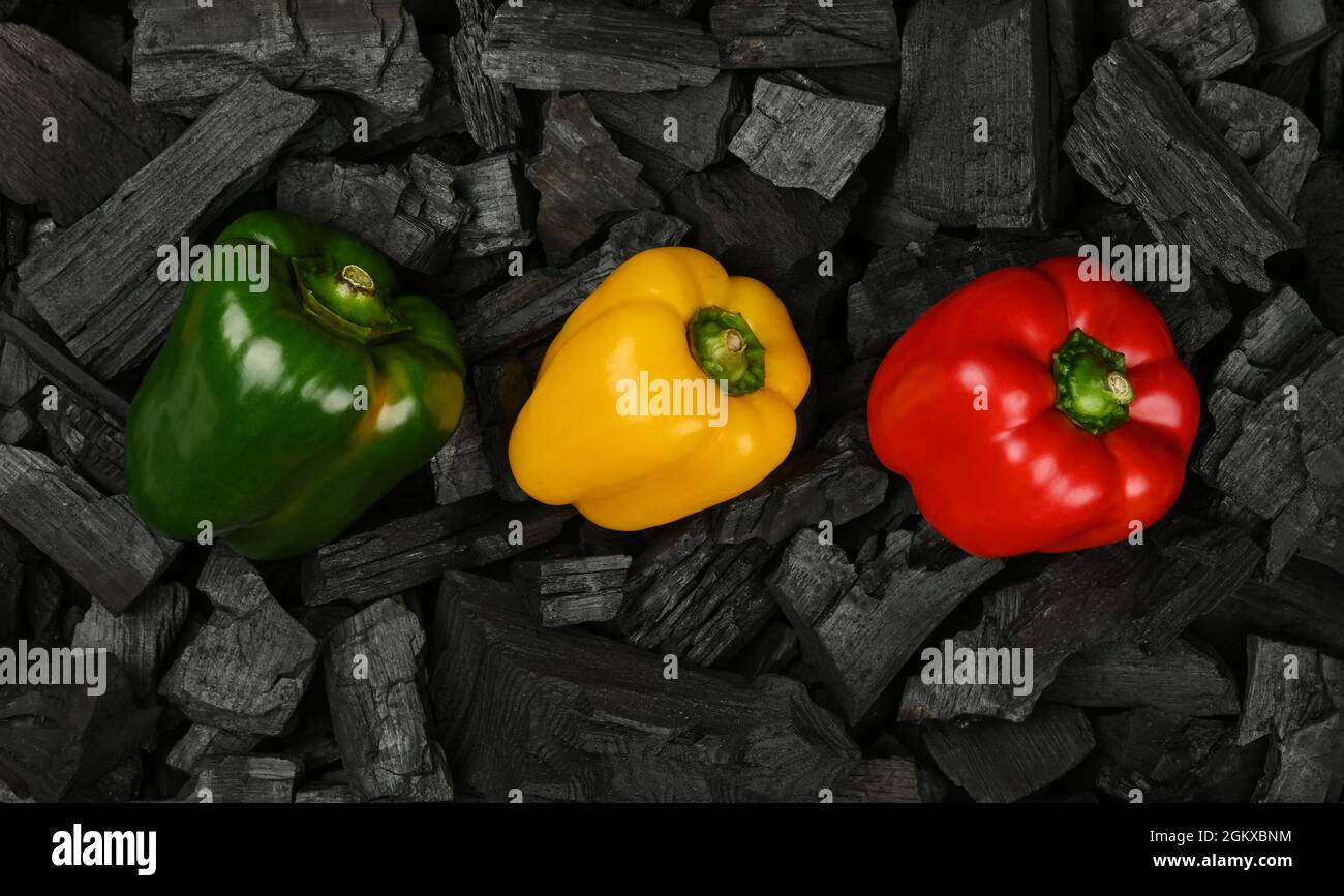 Nahaufnahme roher roter, gelber und grüner Paprika auf schwarzen Holzkohlesteinen, bereit zum Grillen, erhöhte Ansicht von oben, direkt darüber Stockfoto Nahaufnahme roher roter, gelber und grüner Paprika auf schwarzen Holzkohlesteinen, bereit zum Grillen, erhöhte Ansicht von oben, direkt darüber Stockfoto