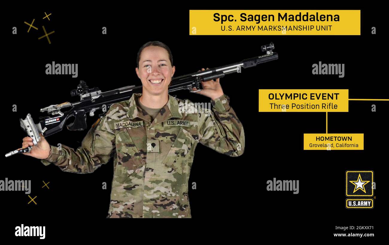 Spc. Sagen Maddalena aus Groveland, Kalifornien, wird die Nation in der drei-Positionen-Gewehr der Frauen vertreten. Nach den Qualifikationsrunden werden die acht besten Schützen in die Finals wechseln, die am 31. Juli um 3:00 Uhr EST auslaufen werden. (Der direkte Link zur Berichterstattung der NBC über die Finals ist https://stream.nbcolympics.com/womens-shooting-rifle-3-positions-finals.) Stockfoto