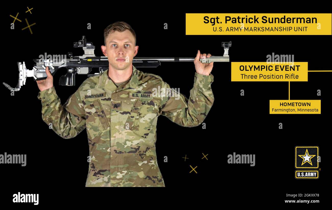 Sgt. Patrick Sunderman aus Farmington, Minnesota, wird am 2. August in der drei-Positionen-Gewehr-Veranstaltung der Männer antreten. Nach den Qualifikationsrunden werden die Finals für diese Veranstaltung gegen 3:50 Uhr EST auslaufen. (Der direkte Link zur Berichterstattung der NBC über die Finals ist https://stream.nbcolympics.com/mens-shooting-rifle-3-positions-finals.) Stockfoto