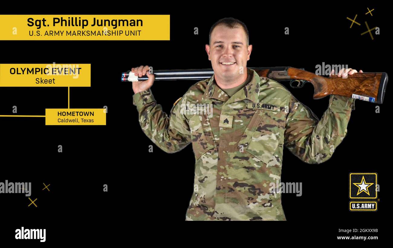 Sgt. Phillip Jungman aus Caldwell, Texas, wird bei den Olympischen Spielen in Men’s Skeet antreten. Die Qualifikationsrunden finden sowohl am 25. Als auch am 26. Juli statt. Mit dem Zeitunterschied werden die Finals vom Juli 26 gegen 1:50 Uhr EST veröffentlicht. (Englisch ist auch Teil des World Class Athlete Program der US-Armee.) (Der direkte Link zur Berichterstattung der NBC über die Finals ist https://stream.nbcolympics.com/shooting-shotgun-finals.) Stockfoto