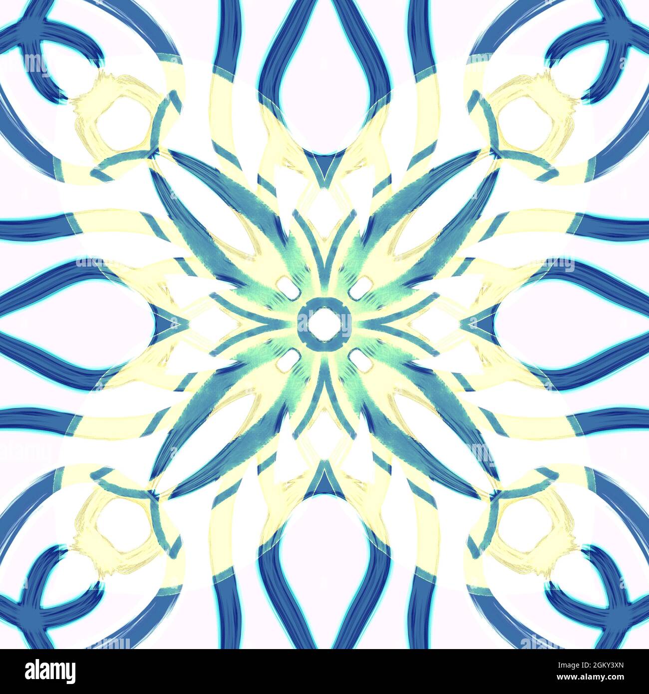 Nahtloses, geometrisches Muster mit Blumenmuster in lebendigen Farben, die sich symmetrisch wiederholen. Verwenden Sie für Modedesign, Heimtextilien, Tapeten. Stockfoto