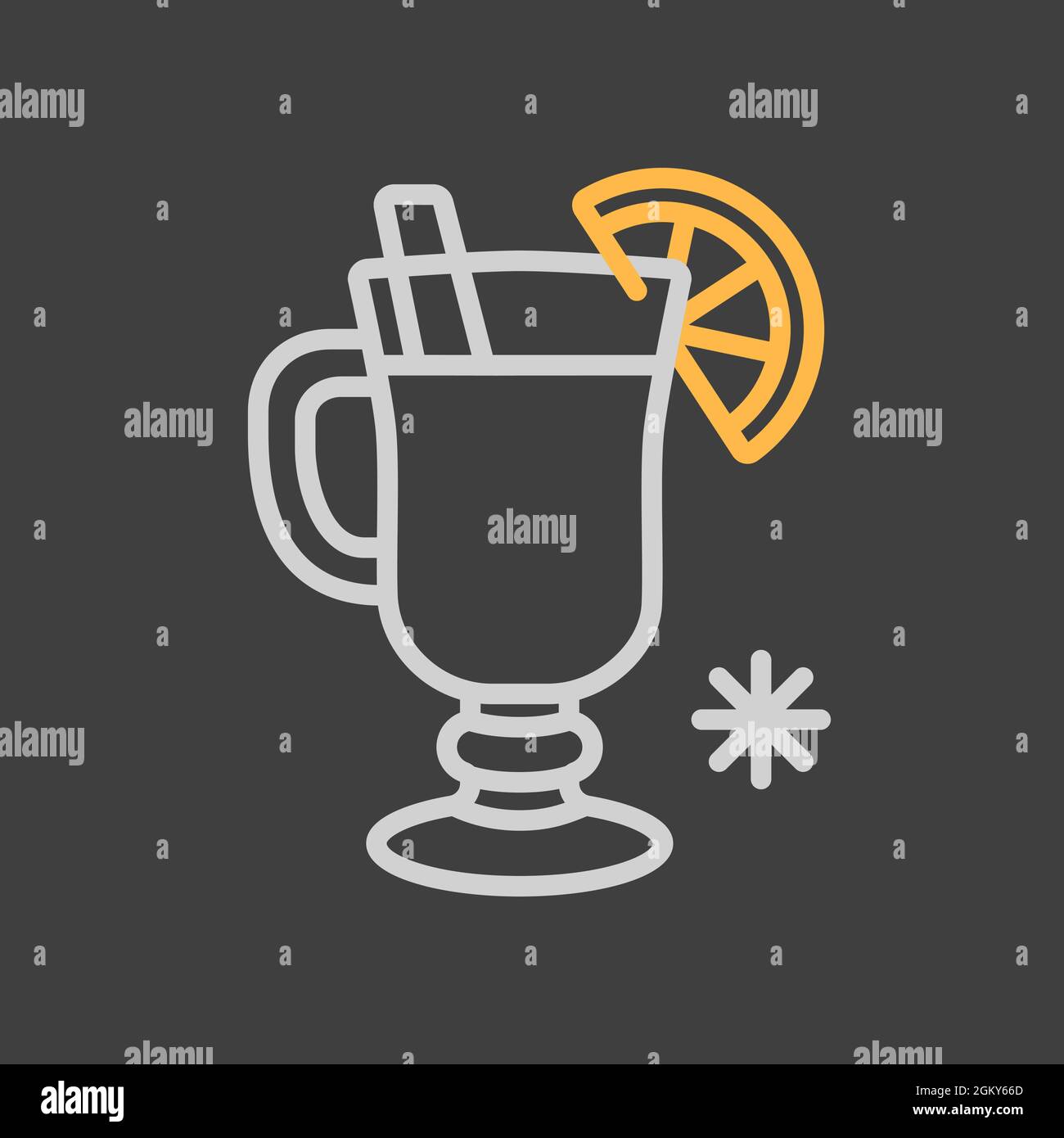 Glühwein mit orangefarbener Scheibe und Zimt-Stick-Vektor-Symbol auf dunklem Hintergrund. Winterschild. Graph-Symbol für Reise- und Tourismus-Website und Apps de Stock Vektor