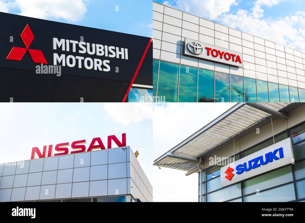 Kharkov, Ukraine - 13. September 2021: Japan Autohaus Gebäude mit Markenlogo, Collage Hintergrundbild Stockfoto