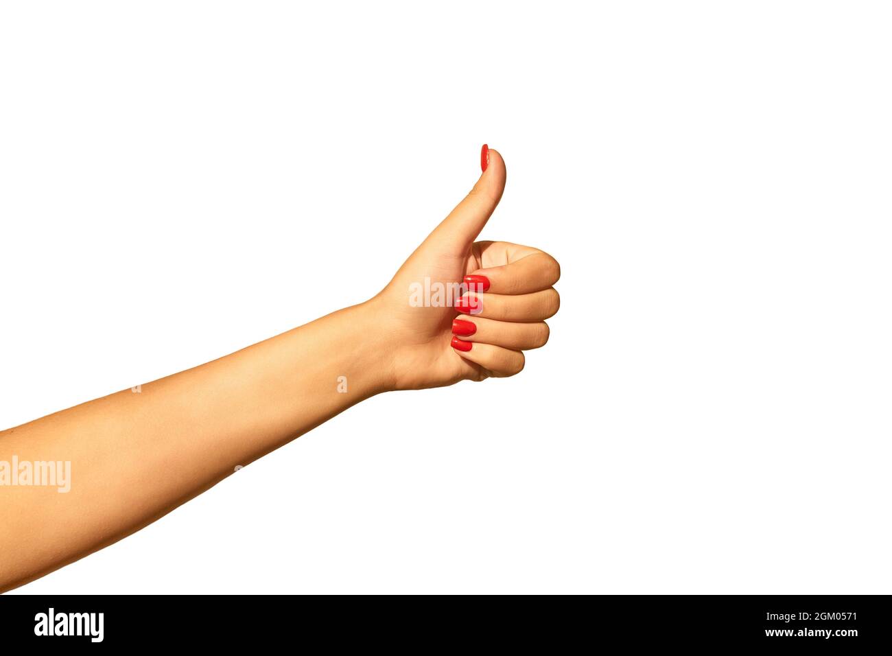 Mädchenhand mit aufgehobenem Daumen isoliert auf weißem Hintergrund Stockfoto