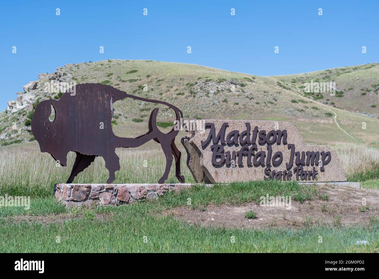 Madison Buffalo Jump SP , MT, USA - 2. Juli 2020: Ein einladendes Schild am Eingang des Preserve Parks Stockfoto
