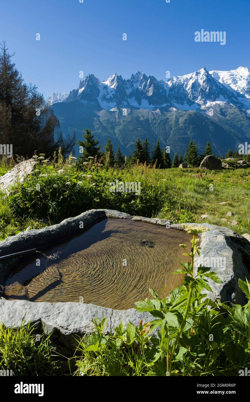 FRANKREICH HAUTE-SAVOIE (74) CHAMONIX, EIN BRUNNEN UND QUELLBECKEN Stockfoto