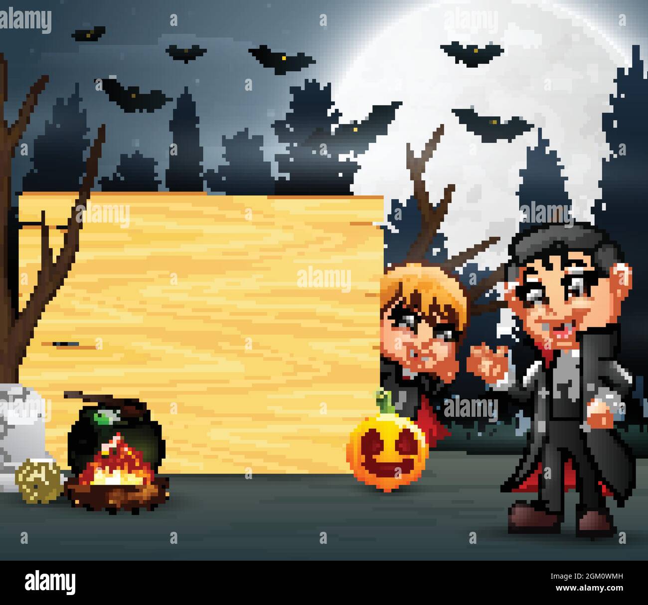 Happy halloween mit zwei Vampiren und Holzbrett Stock Vektor