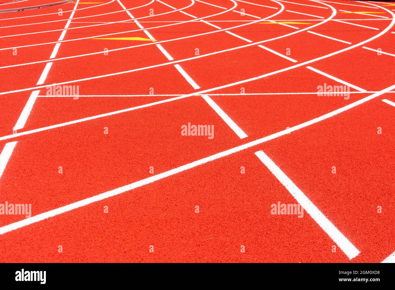 Allwetter-Laufstrecke. Weiße durchgehende Linien kreuzen sich auf roten Gummirassen, selektiver Fokus. Rennkurve auf Laufbahnoberfläche. Stockfoto
