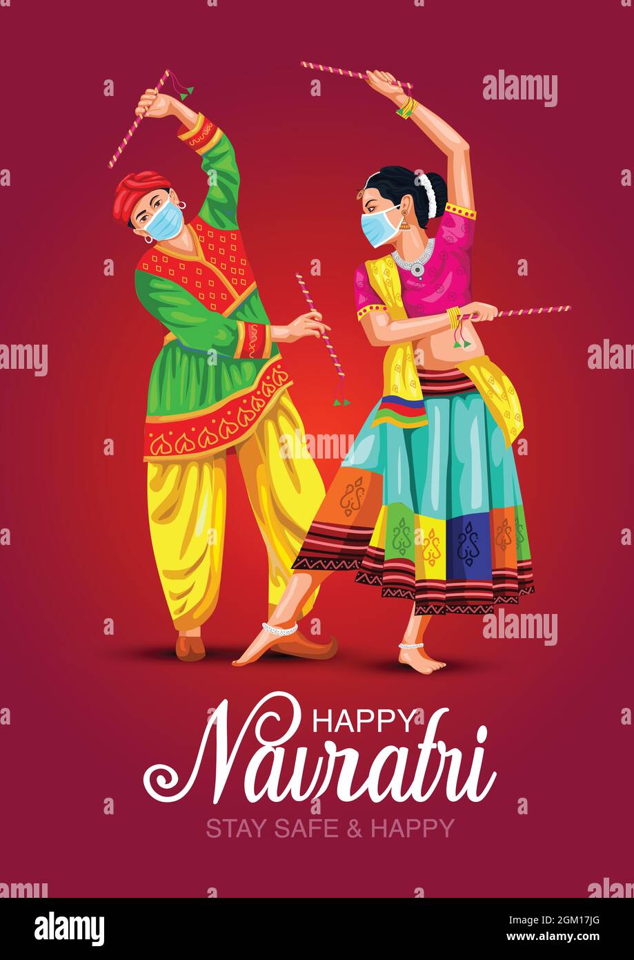 Garba Nacht Poster für Navratri Dussehra Festival von Indien. vektor-Illustration des Paares Dandiya Tanz spielen. Covid Corona Virus Konzept. Stock Vektor