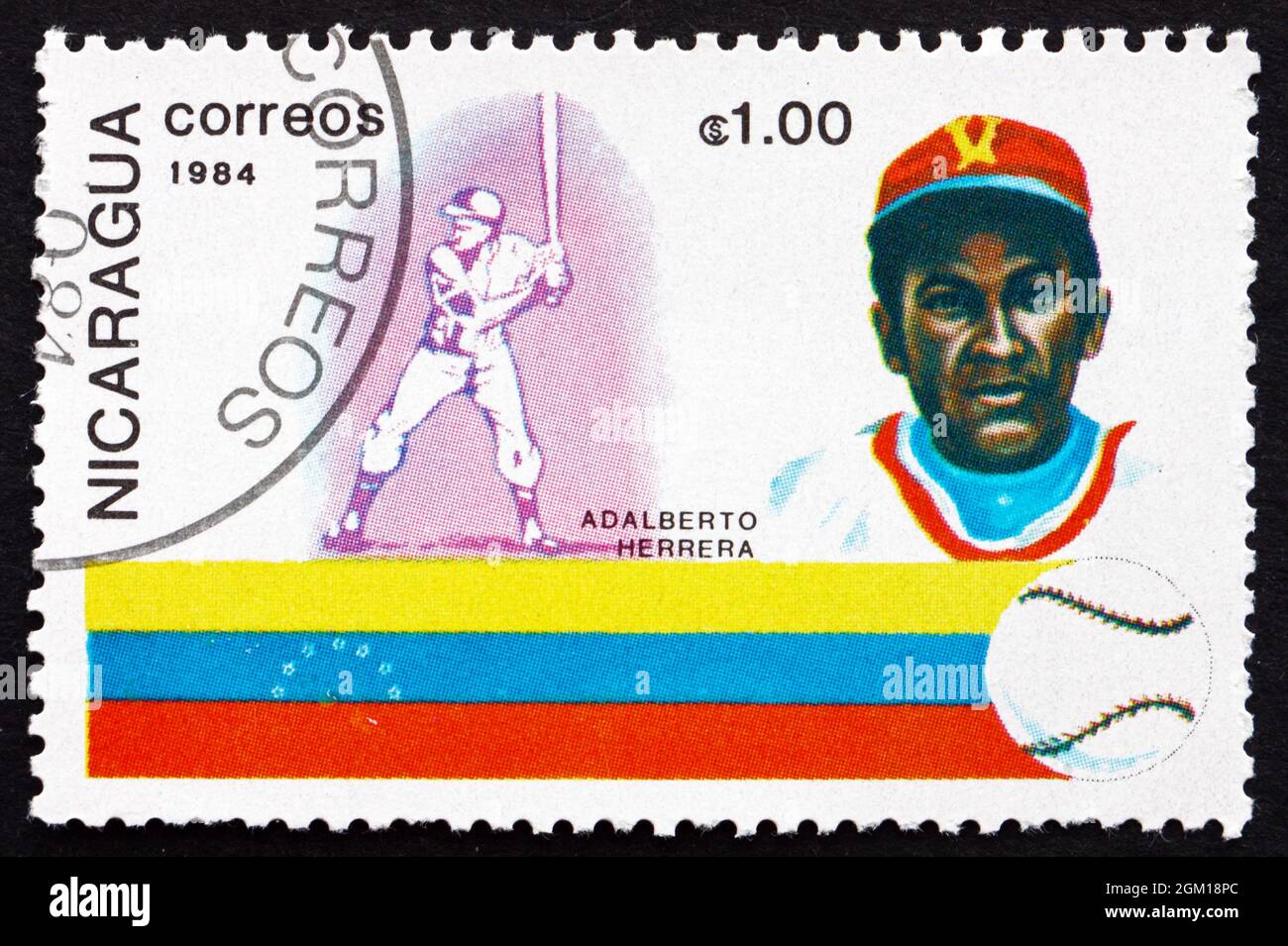 NICARAGUA - UM 1984: Eine in Nicaragua gedruckte Marke zeigt Adalberto Herrera, Baseballspieler, Venezuela, Geschichte des Baseballballs, um 1984 Stockfoto