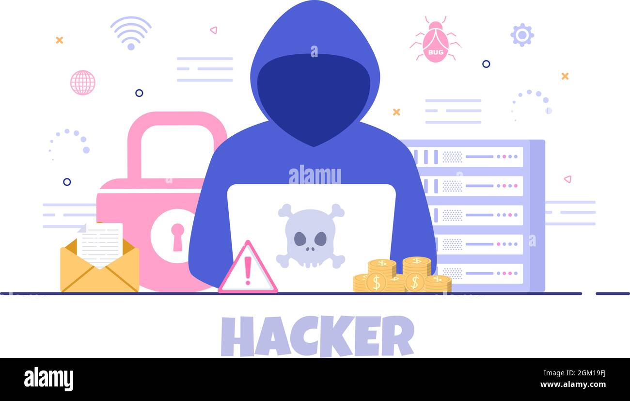 Hacker, der Computerserver für die gehackte Datenbank, Netzwerkspeicher, Sozialkonto, Kreditkarte oder Sicherheit verwendet. Hintergrund Vektorgrafik Stock Vektor