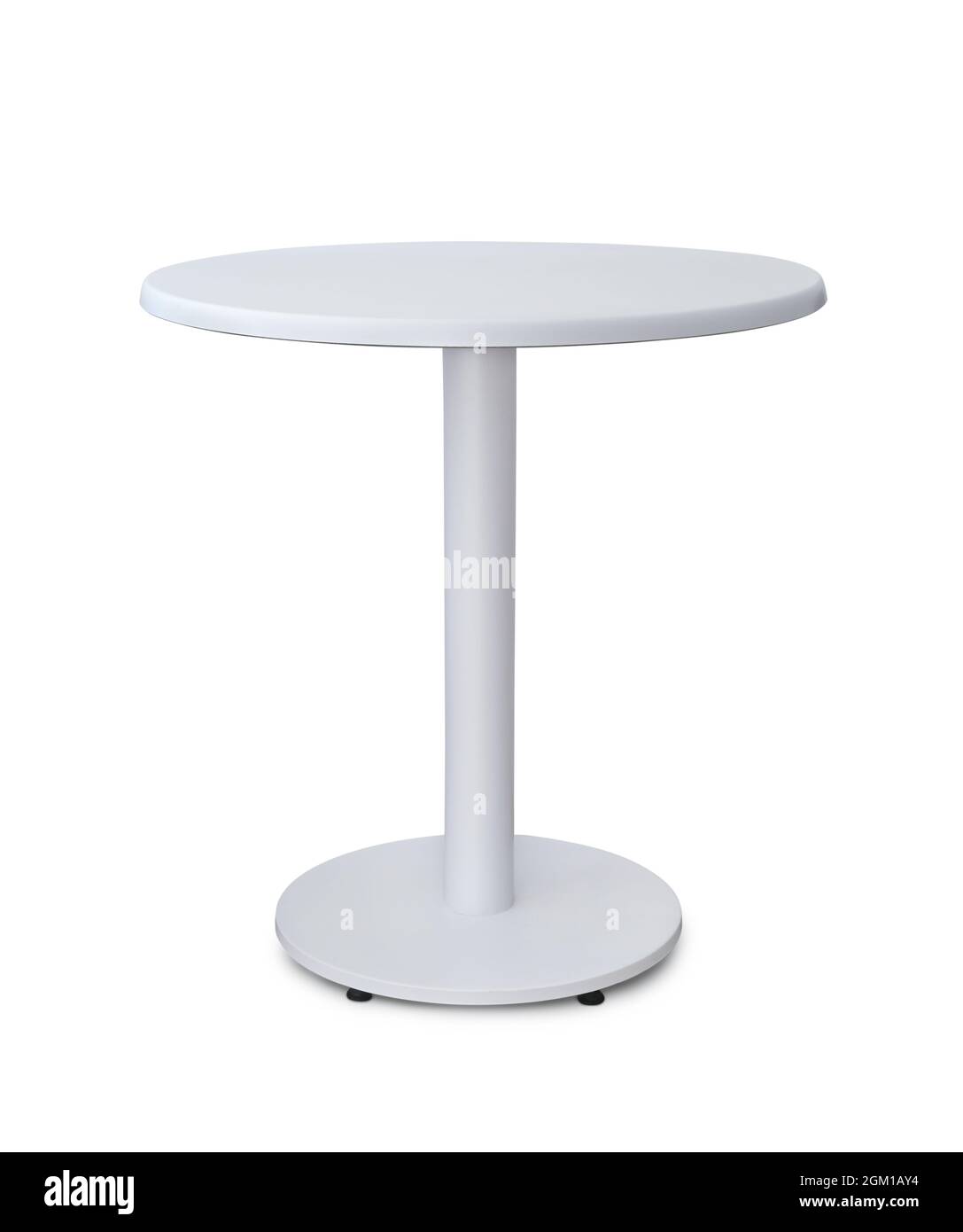 Vorderansicht des weißen runden Tisches isoliert auf Weiß Stockfoto